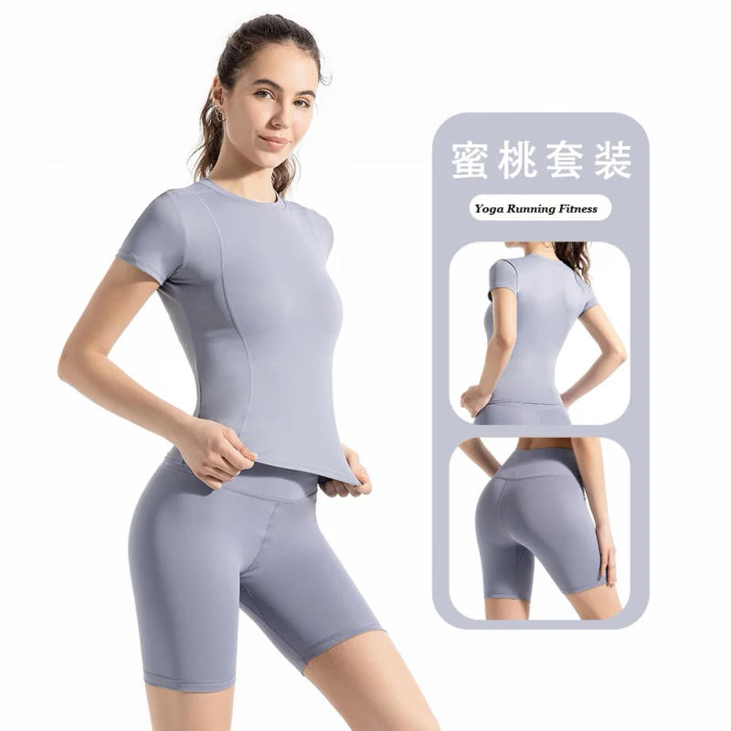 Description Picture 3 of itemRunning Sports Tight Peach Capris Women's Spring and Autumn Thin Outerwear Slim Short Sleeve T-shirt Shorts Set 2 PCS/Set