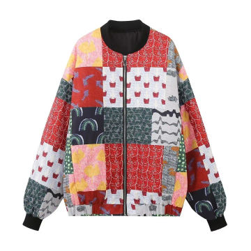 TRAFZA Jacket For Women Autumn Floral Print Quilted Reversible Cotton Coat Cardigan Long Sleeve Jackets Elegant Woman Streetwear