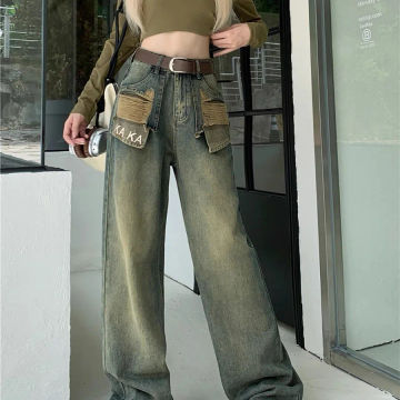 Jielur Vintage Holes Irregular Slim Women's Jeans Chic Pockets High Waist Loose Fashion Female Streetwear Y2k Wide Leg Pants