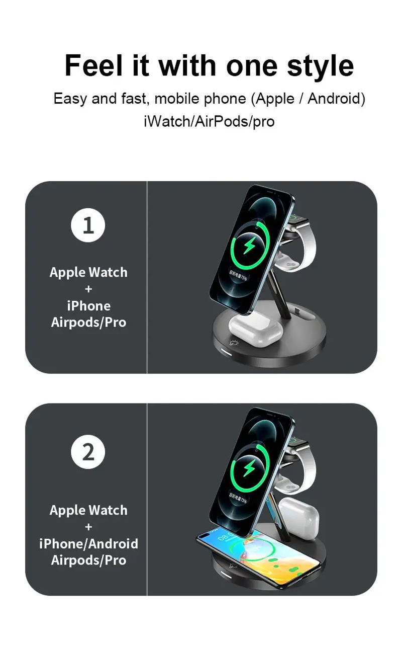 Description Picture 5 of item4 in 1 Wireless Charger Stand for iPhone 14 Pro Max 13 12 Magnetic Fast Charging Dock Station for Apple Watch S8 Airpods 2 3