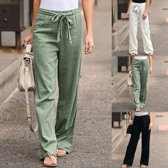 Women Cotton Linen Pants 2023 Summer Fashion Elastic Waist Loose Straight Pants Female Casual Solid Color Ankle-length Trousers