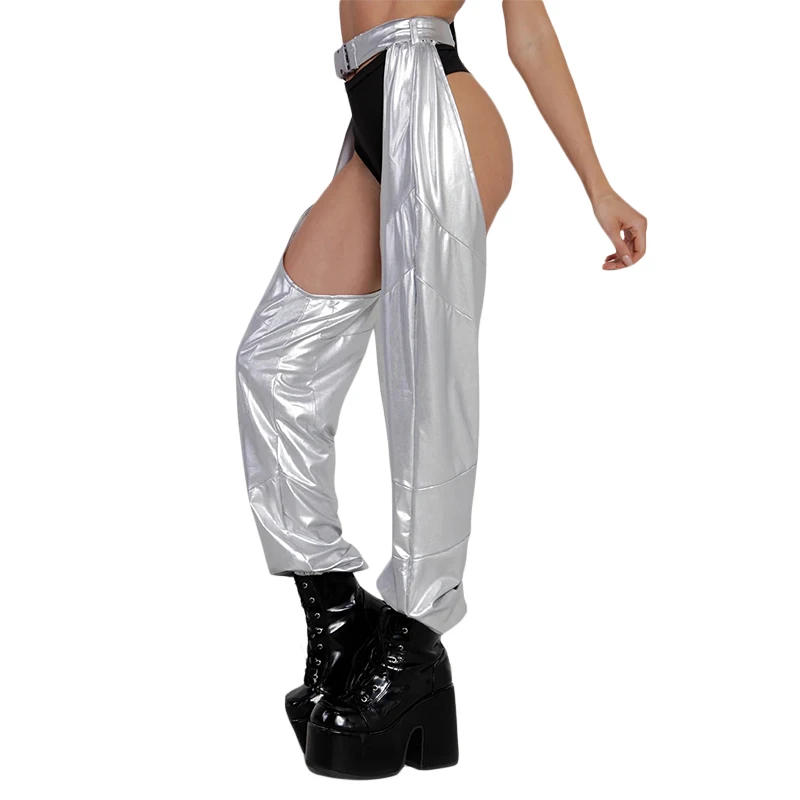 Description Picture 4 of itemWomen Buckles Bottomless Pants High Waist Cargo Trousers Crothchless Color Block Boggy Trousers Long Rave Legging Streetwear