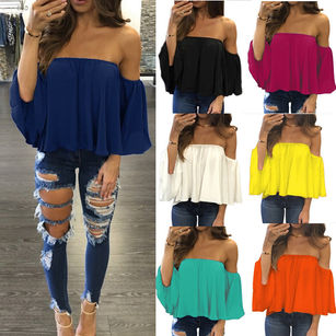 Sexy Women Solid Color Off Shoulder Strapless Half Sleeve Loose Chiffon Blouse