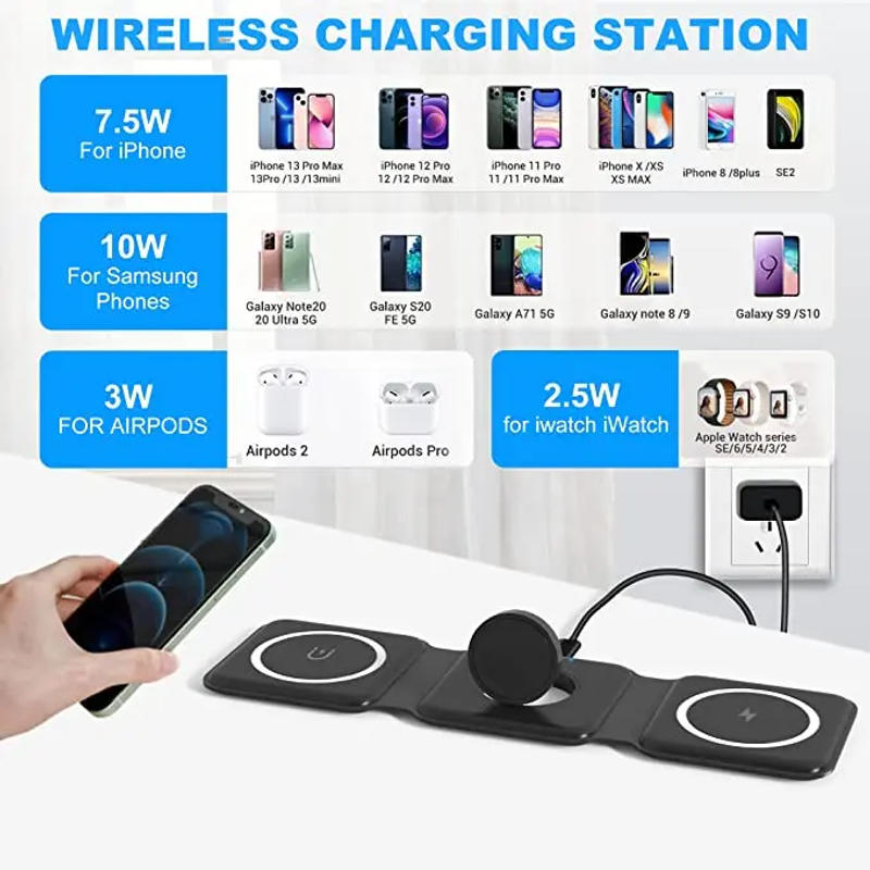 Description Picture 3 of item15W Foldable Wireless Charger Pad 3 in 1 Magnetic Fast Charging Station for iPhone 15 14 13 12 11 XR X 8 Apple Watch Airpods Pro