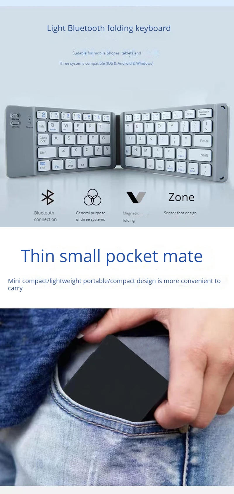 Description Picture 4 of itemPortable Bluetooth Wireless Keyboard Two-fold Keyboard Mini Tri-system Universal Keyboard For Iphone Android Foldable Keyboard