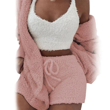 Autumn Winter 3 Piece Fluffy Outfits Plush Sexy Backless Fleece Pyjamas Women Casual Sports Sweatshirt Home Wear Sets Tracksuit