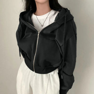 2023 Women Hoodies Autumn Retro Solid Color Zip Up Oversized Sweatshirts Harajuku Korean Version Long Sleeve Hooded Jackets Coat