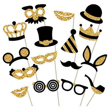 16 Pieces Black Gold Party Photo Booth Props Mix of Hats Crowns glasses for Birthday Weddings Graduation Prom Party Supplies