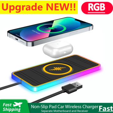 15W  Car Wireless Charger Mat RGB 7 lights Non-Slip Pad for iPhone 14 13 12 Pro Max Samsung Car Fast Charging Phone Chargers