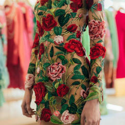 GY23109 Fashion Half High Collar Peony Flower Embroidery Sexy Wrap Hip Dress