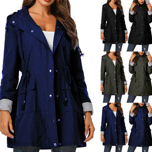 Chic Lady Waterproof Color Block Patchwork Drawstring Hooded Wind Coat Outwear