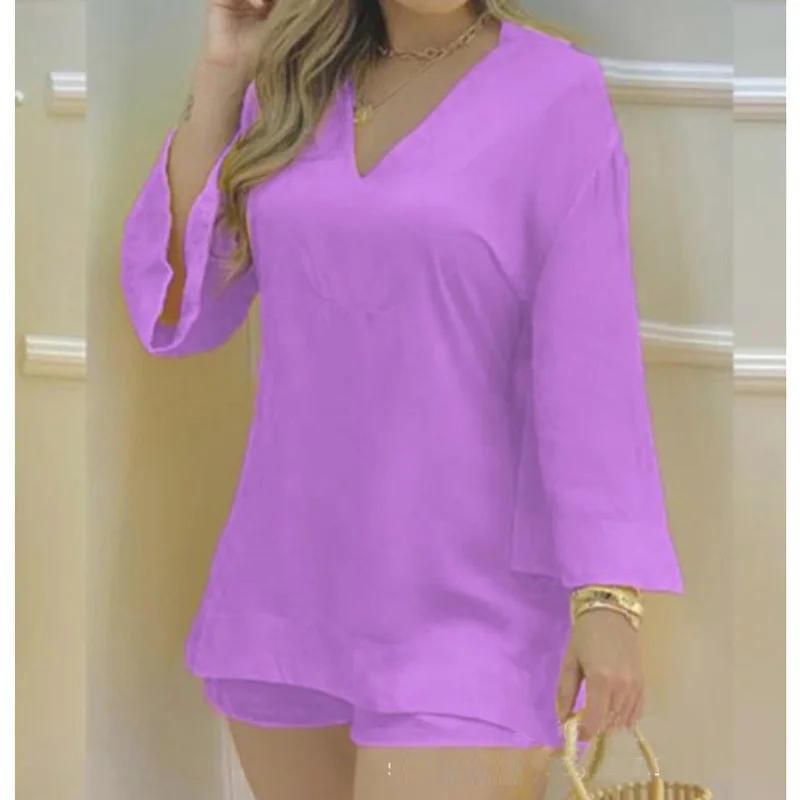 Description Picture 4 of itemSolid Color Flare Long Sleeve V Neck Blouses Shorts 2 Piece Set Fashion Women Spring Summer Yellow White Short Sets