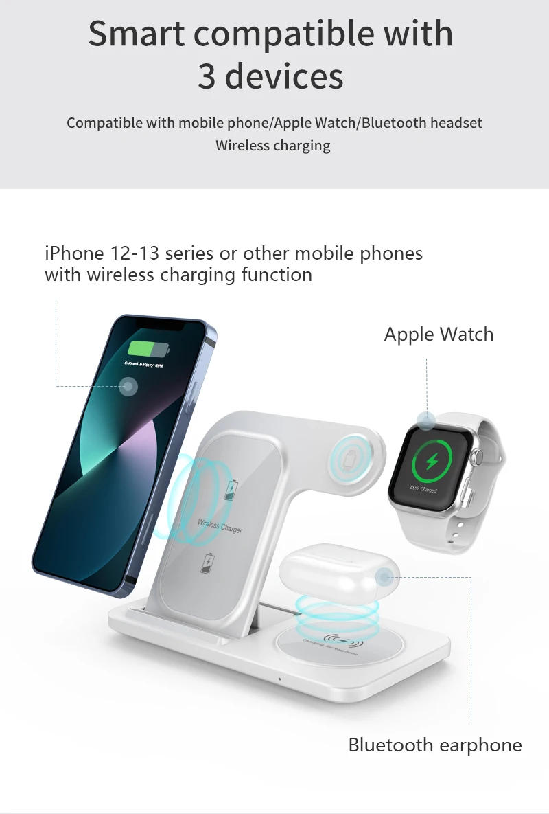 Description Picture 4 of itemFoldable 3 in 1 Wireless Charger For iPhone 14 13 12 11 X 8 Charging Station For Apple Watch 8 7 6 5 4 AirPods Pro 2 3