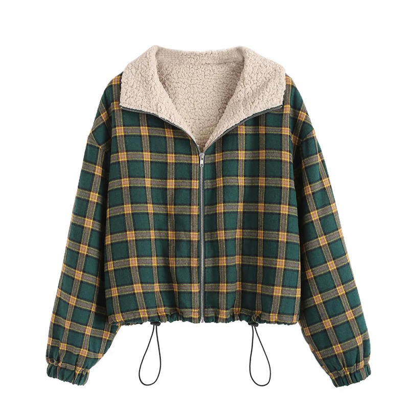 Description Picture 4 of itemZAFUL Zip Up Fleece Lined Plaid Houndstooth Jacket Women Drawstring Coat Winter Warm Outwear