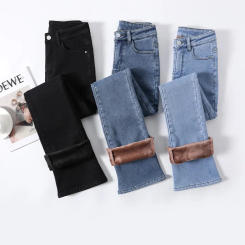 Winter Female Thick Plus Velvet Fleece Warm Women Baggy Flared  Jeans Trousers High Waist Stretch Denim Pencil Pants Oversize