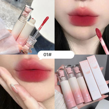 Cartoon Cute Matte Lip Mud Bear Velvet Chestnut Red Lipstick Waterproof Grey Pink Lip Glaze Makeup Lip Tint Cosmetics Lip Gloss