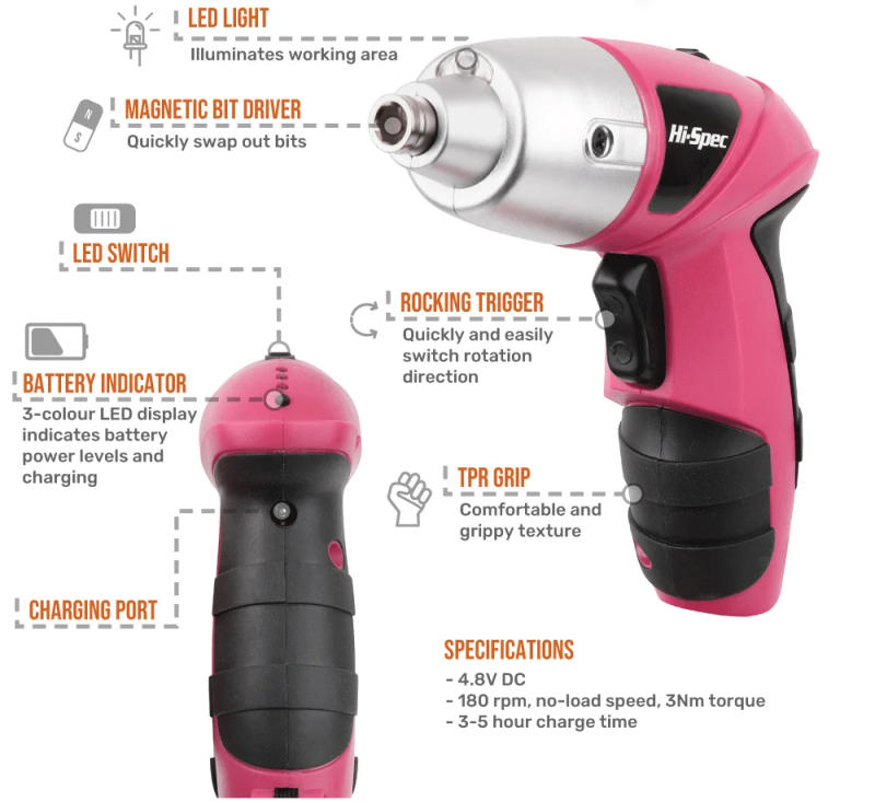 Description Picture 5 of itemHi-Spec Pink 4.8V Cordless Electric Screwdriver Wireless Cordless Drill Driver Battery Screwdriver Gun Power Tool with LED Light