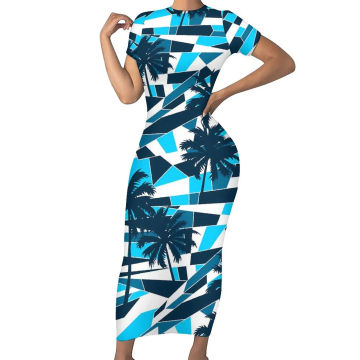 Palm Trees Dress Short Sleeve Sunset Print Pretty Maxi Dresses Summer Aesthetic Printed Bodycon Dress Big Size 4XL 5XL