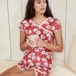 Asian Wrap Organic Cotton Shorty Pajamas - L(12-14) - Onyx Multi Floral