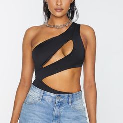 Women's Black Cut Out One Shoulder Slinky Bodysuit - Size 12