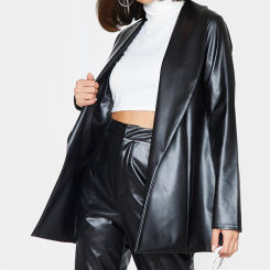 Black Drop Collar Faux Leather Blazer
