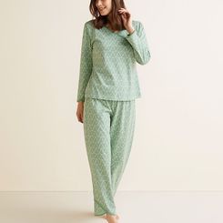 Garnet Hill - Asian Wrap Long Sleeve Organic Cotton Pajamas - M(8-10) - Sage Fans