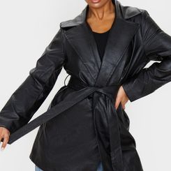 Black Faux Leather Tie Waist Shacket