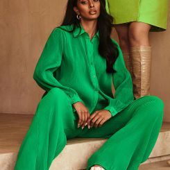 Bright Green Plisse Button Front Oversized Shirt