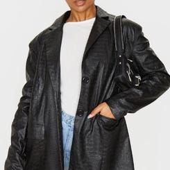 Black Faux Leather Croc Oversized Dad Blazer