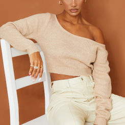 Stone V Neck Off Shoulder Soft Knitted Crop Jumper