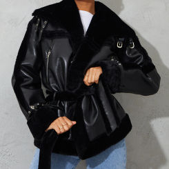 Black Faux Fur Trim Belted Zip Detail Jacket