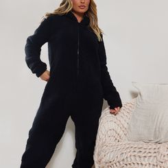 Women's Black Fluffy Teddy Ear Onesie - Size M