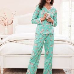 Asian Wrap Long Sleeve Organic Cotton Pajamas - S(4-6) - Coral Patchwork