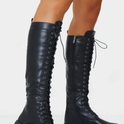 Black Knee High Lace Up Textured Sole Chunky Boots