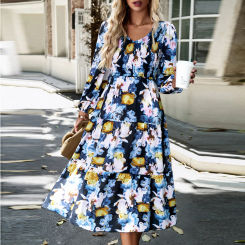 Women Floral Printed Dress Elegant High Elastic Wasit Dress Fashion Pullover Ladies Commuting Dress