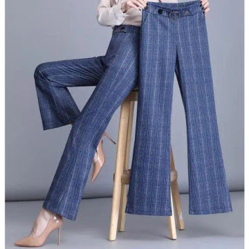 Spring Autumn Women's Wide Leg Pants Striped High Waist Casual Trousers Woman Korean Style Boot Cut Office Straight Pants T26