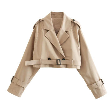 YENKYE  New Women Fashion With Belt Oversized Cropped Trench Coats Vintage Double Button Long Sleeve  Ladies Short Khaki Jacket