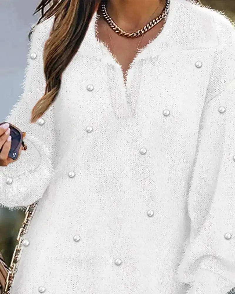 Description Picture 5 of itemWaterarea Women Fashion Knit Ribbed Long Sleeve V-neck Slim Sweater Style Pearl Beading Dresses