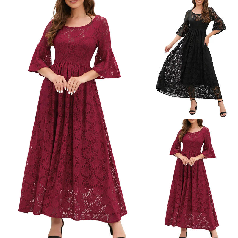 Description Picture 2 of itemVintage Hollow Out Lace Collar Long Dresses Tucked High Waist Large Swing Maxi Dress For Women Elegance Sexy Clothing платье