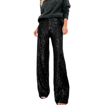 Women Loose Glitter Trouser Full Length Sparkle Sequin Pant High Waist Solid Color Party Clubwear Streetwear