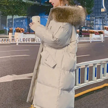 2023 Winter Faux Fur Collar Hooded Oversized Hem Knee-length Women Padded Coat Korean Fashion Streetwear Cotton Women Clothing