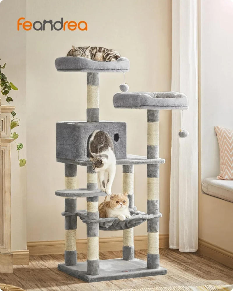 Description Picture 4 of itemFEANDREA Cat Tree, Cat Tower for Indoor Cats, 56.3-Inch Cat Condo with Scratching Posts, Hammock, Plush Perch,Light Gray UPCT15W