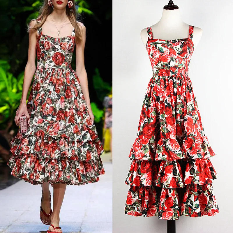 Description Picture 4 of itemHigh Quality 2022 Summer New Fashion Red Rose Print Lotus Leaf Side Cascading Cake Type Sexy Harness Beach Style Women Dress