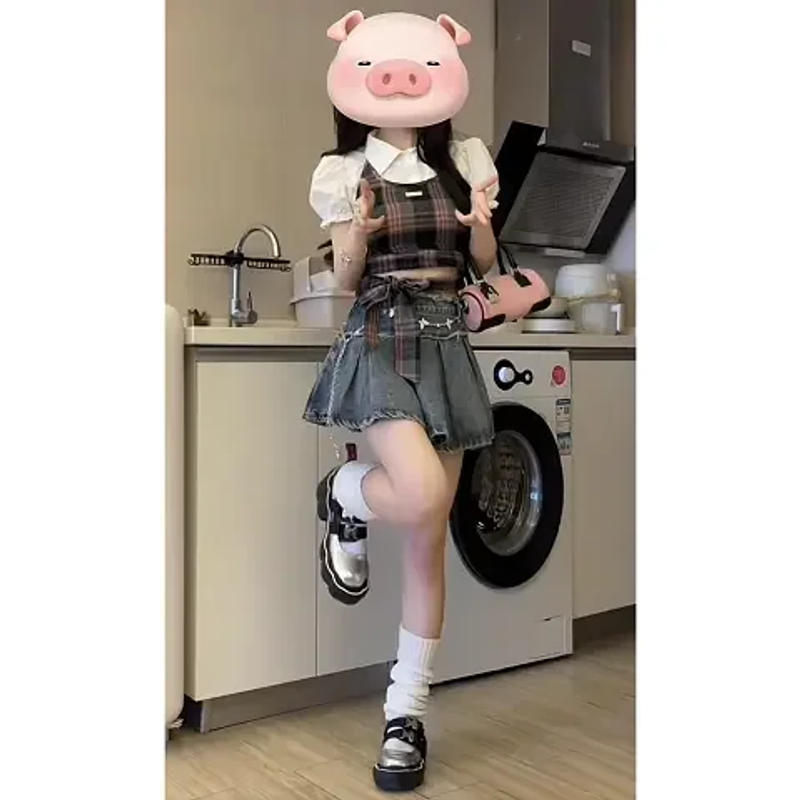 Description Picture 6 of itemSummer gentle outfit 2023 new Korean version short sleeved shirt plaid suspender denim short skirt womens two peice skirt sets