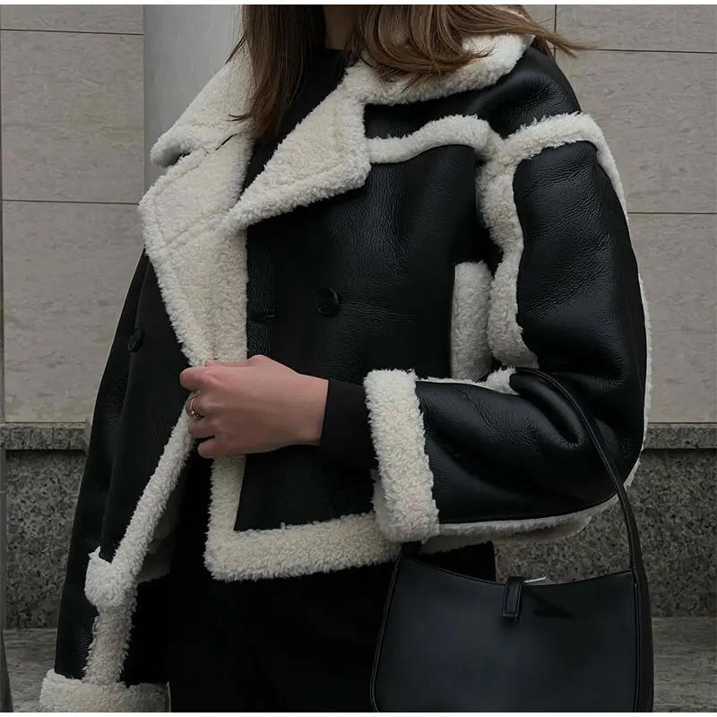 Description Picture 6 of itemPatchwork Pu Leather Lambs Wool Fur Cropped Jacket Women Lapel Collar Thicken Warm Short Coat 2023 Autumn Winter Lady Outwear