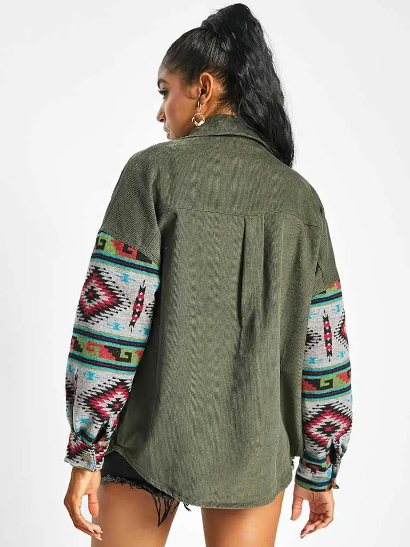 Description Picture 3 of itemZAFUL Jacket for Women Corduroy Long Sleeves Shacket Ethnic Aztec Print Shirt Jackets Fall Winter Streetwear Outerwear NEW