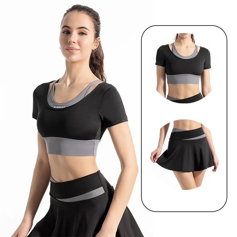 Description Picture 3 of itemColored High Elasticity Belt Chest Cushion Yoga Fake Two Piece Short Sleeve T-shirt Nude Anti Light Sports Short Skirt Set