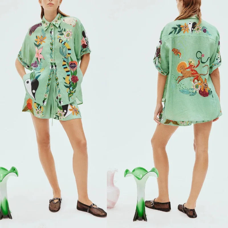 Description Picture 3 of item2 Piece Shorts Suit Women Set Casual Printed Short Sleeve Shirt+ Elastic Waist Shorts Summer Spring Female printed loose Suits