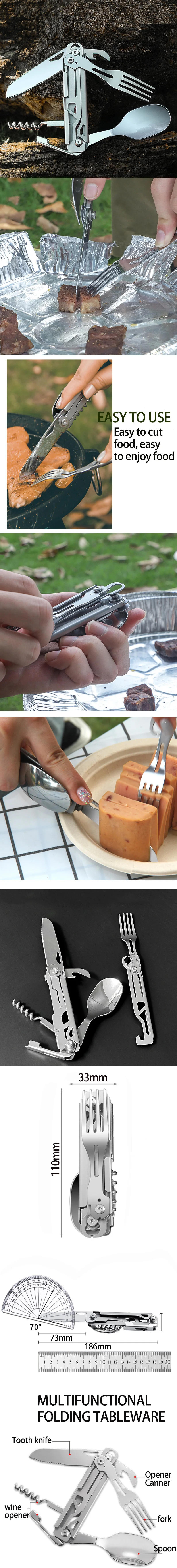 Description Picture 2 of itemFolding Cutlery Stainless Multifunction Pocket Knife Portable Camping Multitool Outdoor Cutter Fork Spoon Corkscrew Tableware