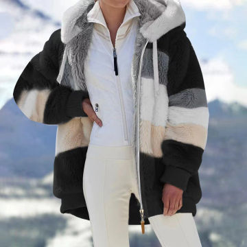 Women Winter Coat Warm Patchwork Zipper Pocket Striped Hooded Faux Fur Long Sleeves Cardigan Furry Warm Fleece Jacket Outerwear